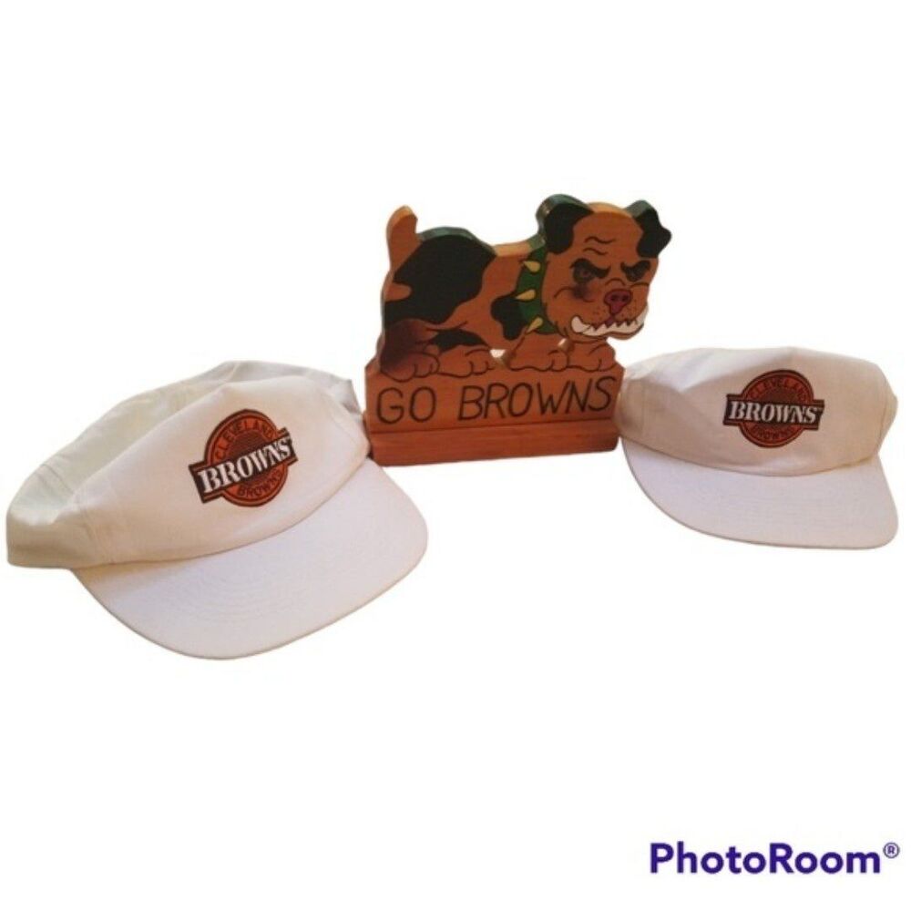 2-Cleveland Browns Hats  Wooden Display "Go Browns" Dog Pound Dog